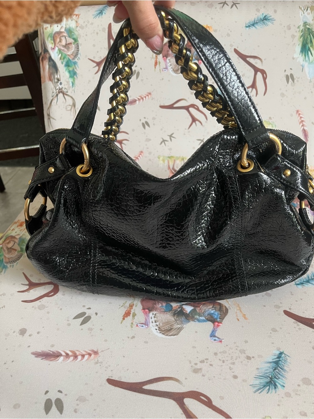 Michael Kors Black Patent Shoulder Bag with Gold Chain Trim - Picture 2 of 4